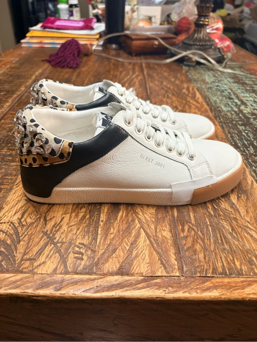 Gianni Bini White Black Leopard Crystal Heel Low Top Leather Sneakers Size 9